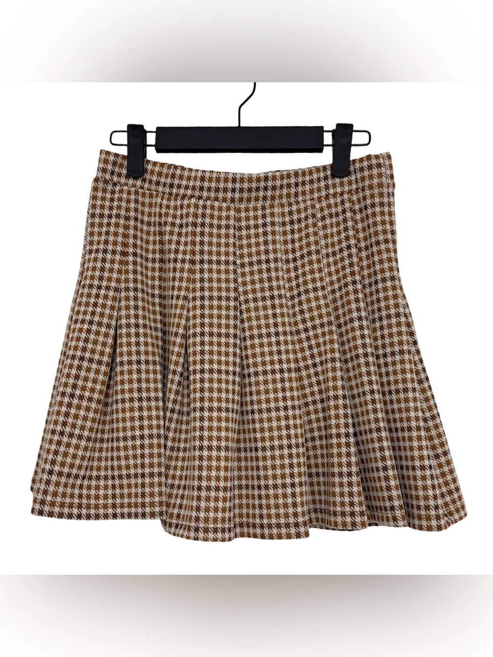 Altar'd State Cream, Tan, and Brown Houndstooth Check Pleated Mini Skirt Women’s